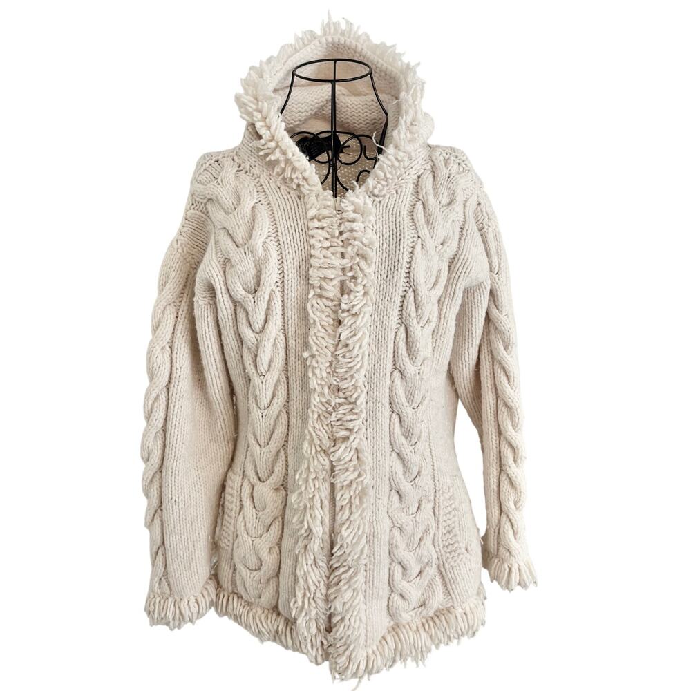 Vintage Y2K Sisandina Ecuador Wool Zip Fisherman Knit Cardigan Sweater Fringe